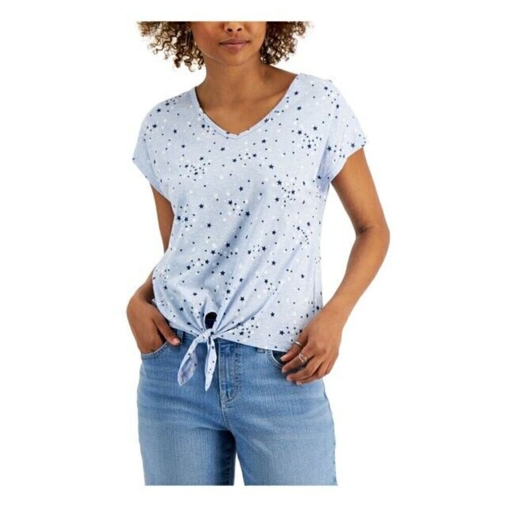 Style & Co T-Shirt Stretch Whimsy Academia Boho V-Neck Coastal America Summer M